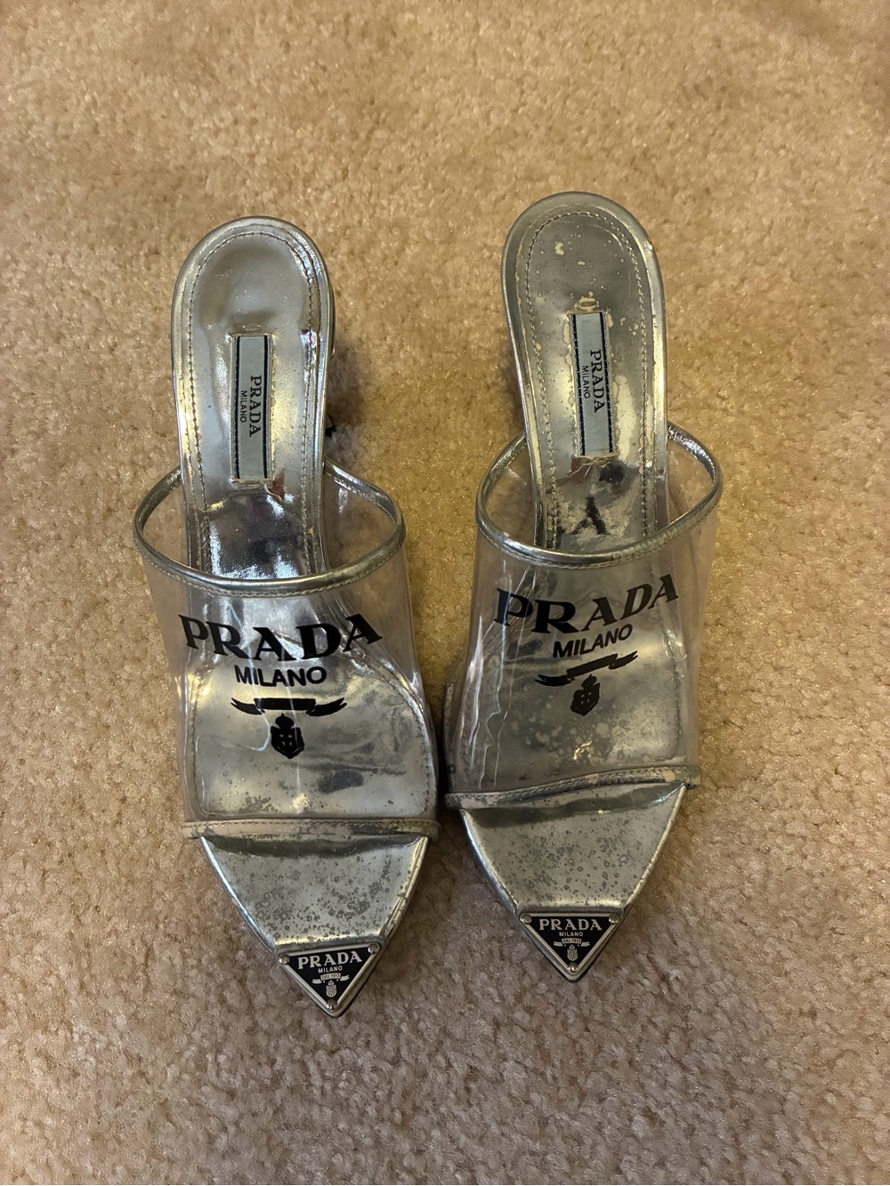 Prada Clear PVC and Silver Pointed-Toe Mules
